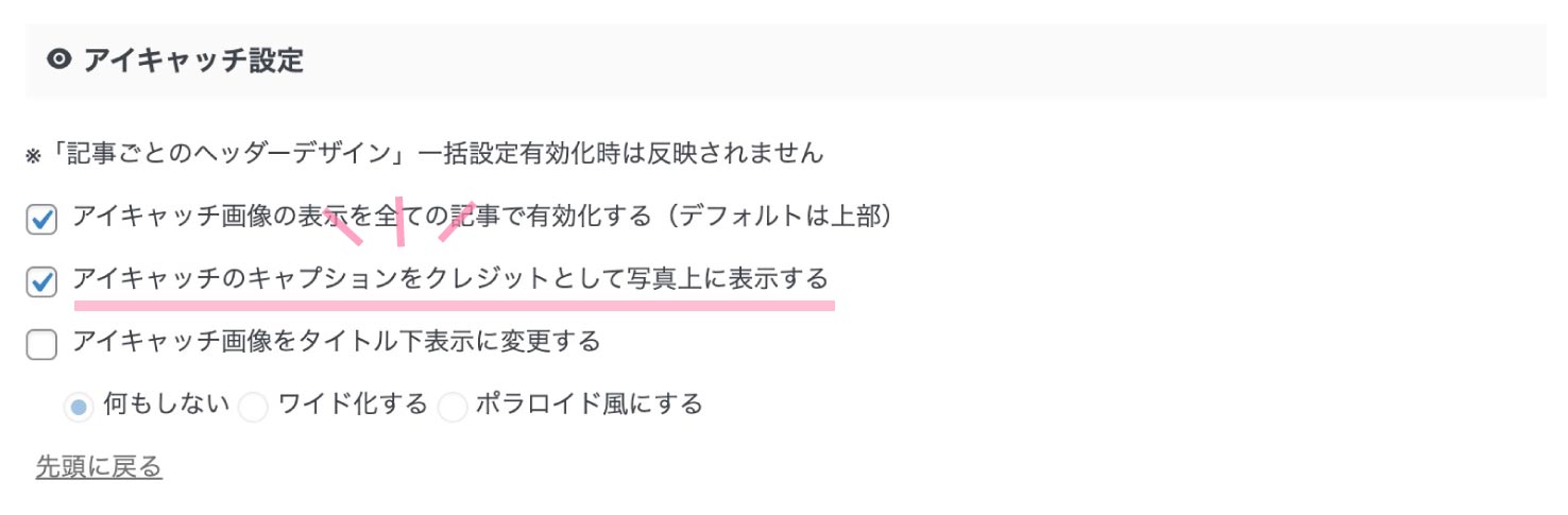 アイキャッチ設定画面:アイキャッチのキャプションをクレジットとして写真上に表示する