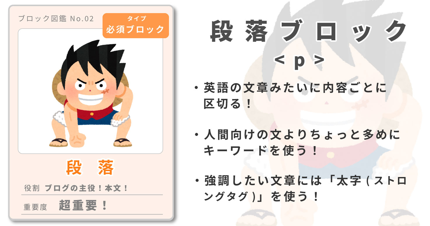 段落とは？内容ごとに区切る。多めにキーワードを使う。強調したい文章は太字にする。