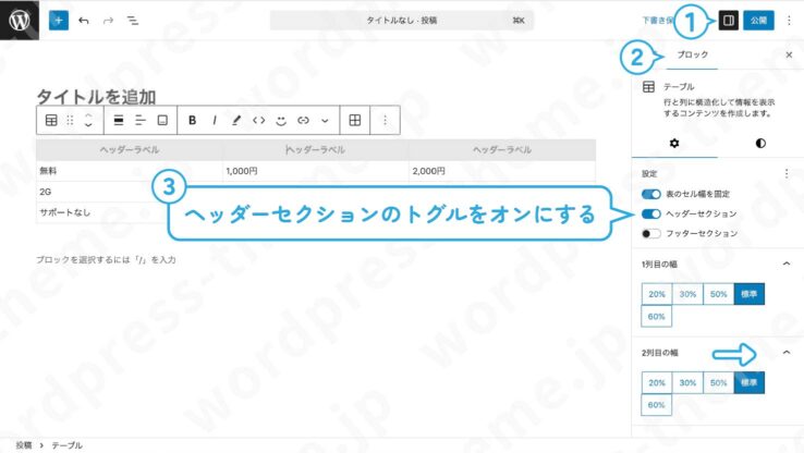 【WordPressブロックエディタ(グーテンベルク)】テーブルブロックにヘッダーセクションを追加する方法