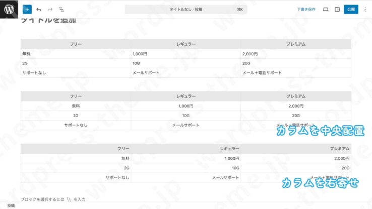 【WordPressブロックエディタ(グーテンベルク)】テーブルブロック、カラム内データを中央寄せ、右寄せする(完成図)