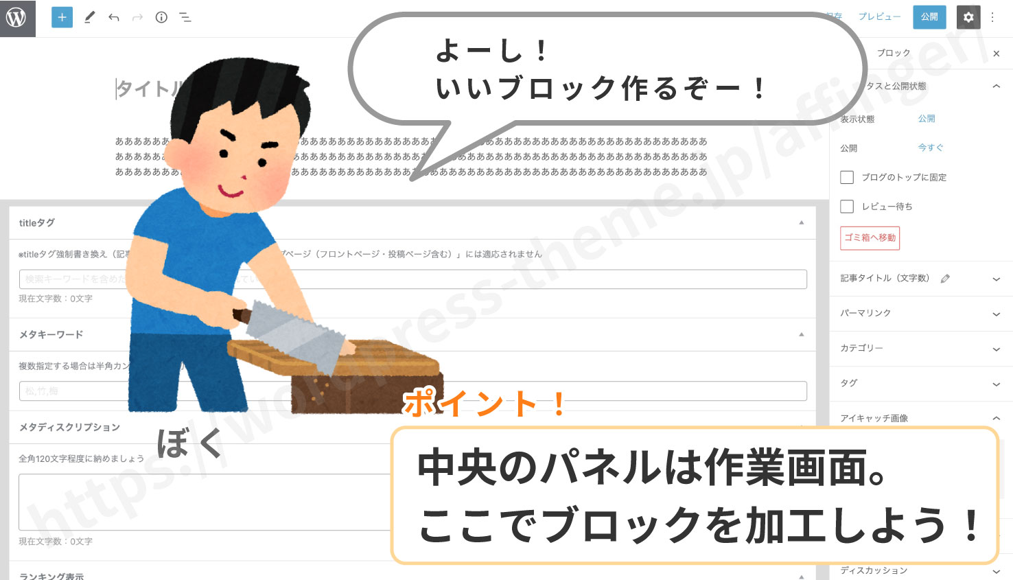 中央のパネルは作業するところ